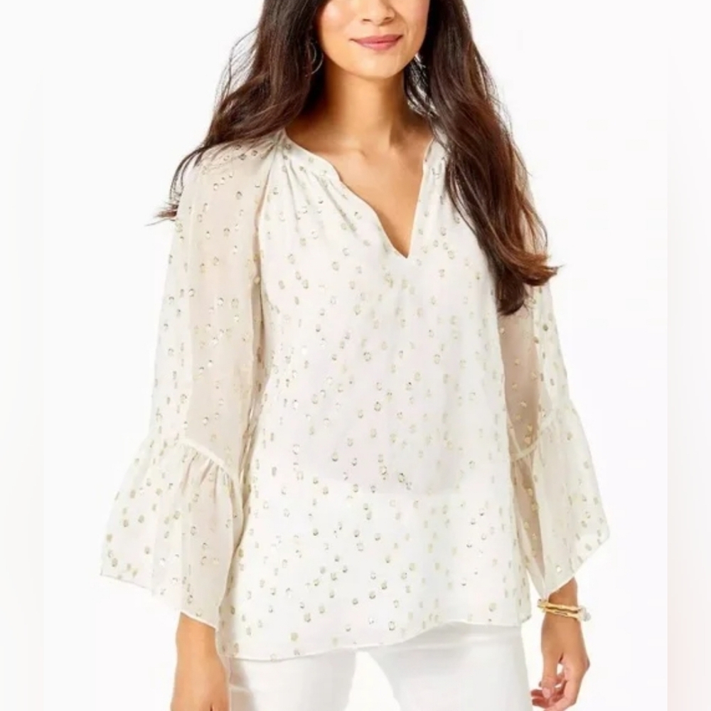 Lilly Pulitzer Cream Blouse with Subtle Gold Dot Print